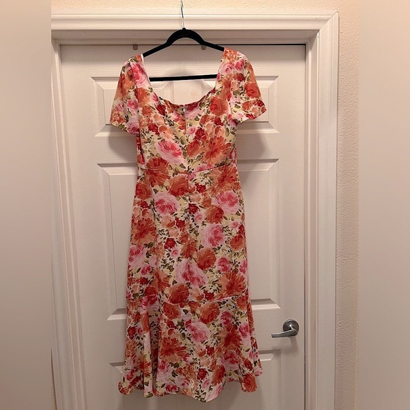 dee elle Women’s Short Sleeve Mid Length A Line Red Pink Floral Dress Size Large - Picture 2 of 4